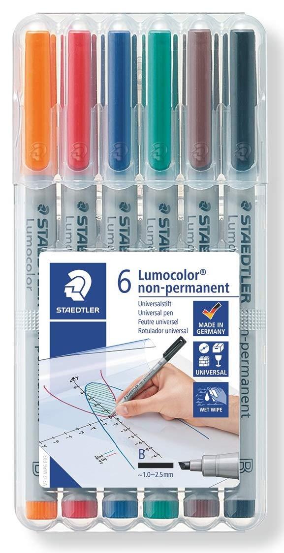 Staedtler Lumograph Non-Permanent Wet Erase Marker Pen, Broad Tip, Low Odor Colored Markers, 6-Pack Assorted Colors, 312-WP6