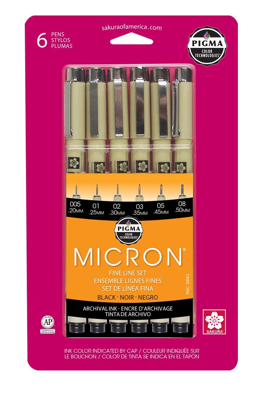 Sakura Pigma 30062 Micron Blister Card Ink Pen Set, Black, Ass't Point Sizes 6CT Set 6 Pack Finer Points