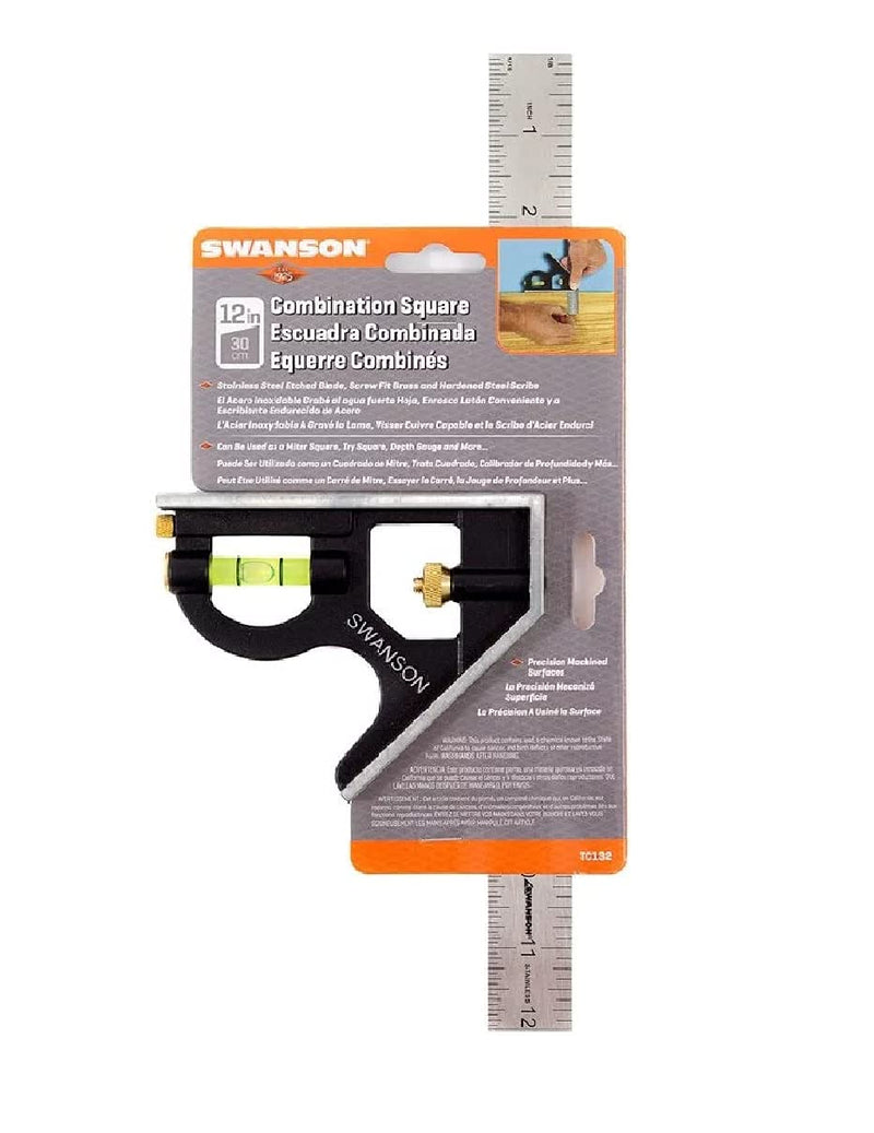 Swanson Tool Co TC132 12-Inch Combo Square with Cast Zinc Body, Stainless Steel Ruler and Brass Bolt 12 Inch