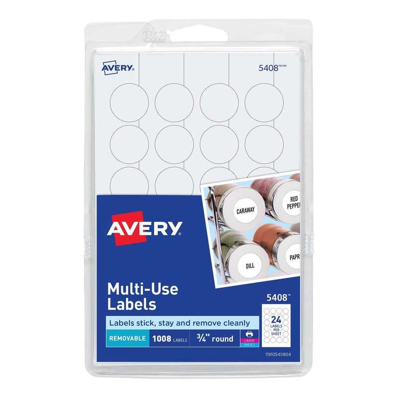Avery Removable Print or Write Labels for Laser and Inkjet Printers, 0.75 Inches, Round, Pack of 1008 (5408), White 1 Pack