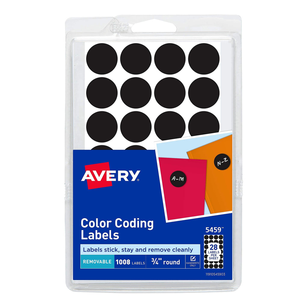 Avery 05459 Handwrite Only Removable Round Color-Coding Labels, 3/4" dia, Black (Pack of 1008)