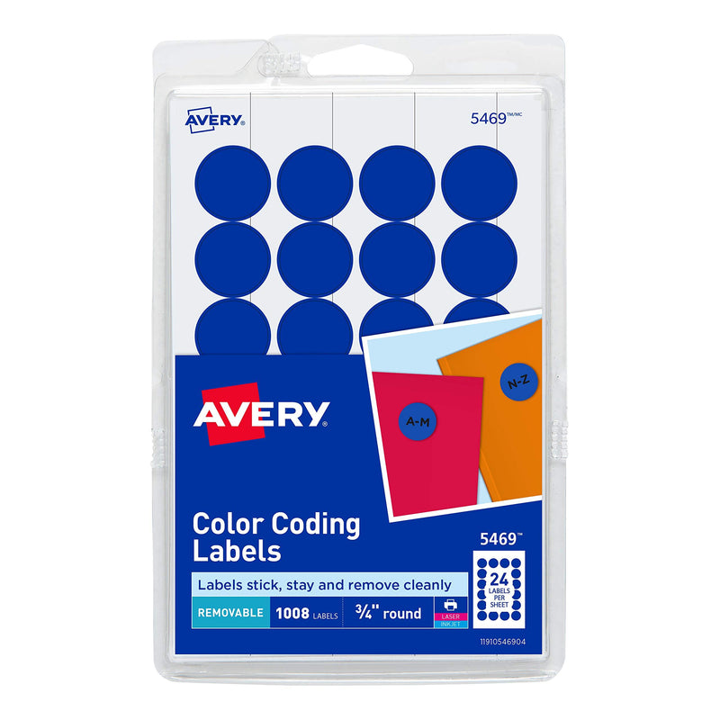 Avery Print/Write Self-Adhesive Removable Labels, 0.75 Inch Diameter, Dark Blue, 1,008 per Pack (5469)