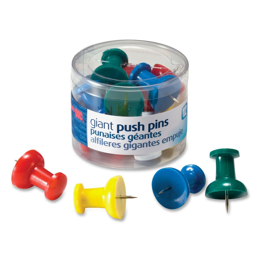 Officemate Giant Push Pins 1.5 Inch, Assorted Colors, Tub of 12 (92902) - Red/Green/Blue/Yellow/White