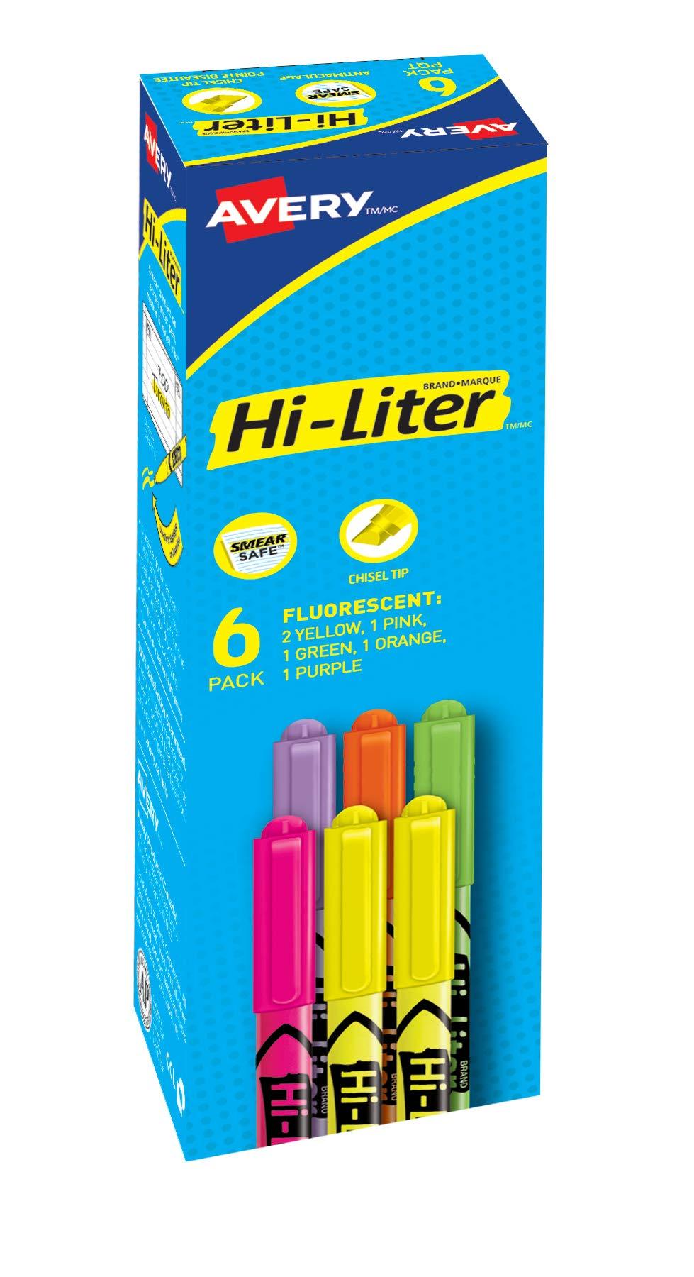 Avery Hi-Liter Pen-Style Highlighters, Smear Safe Ink, Chisel Tip, 6 Assorted Color Highlighters (23565) Fluorescent Assorted 6 highlighters (box)