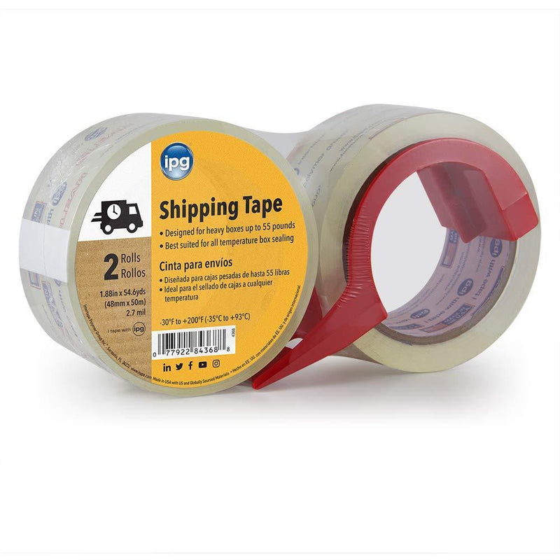 IPG Clear Shipping Tape, 1.88" x 54.6 yd, (2-Pack With Dispenser)