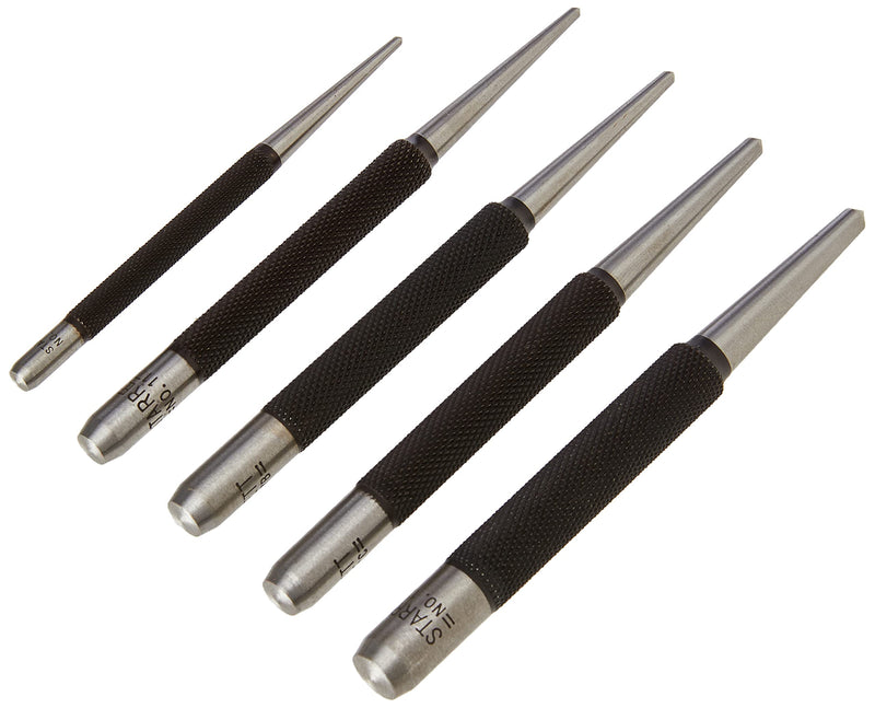 Starrett S117PC Center Punch Set, Set of 5 - 1/16", 5/64", 3/32", 1/8", 5/32" Diameters, Hardened Tempered Steel Metal, Centering Tool for Machinists, Carpenters with Knurled Finger Grip, Storage Pouch 5 Piece set