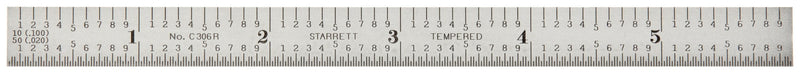 Starrett C306R-6 Full Flexible Steel Rule With Inch Graduations, 6R Graduations, 6" Length, 1/2" Width, 1/64" Thickness