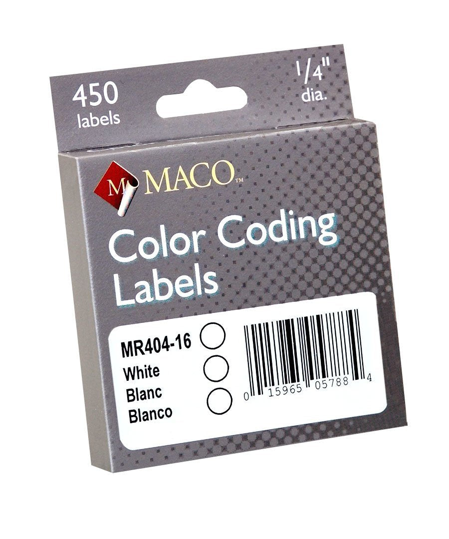 MACO White Round Color Coding Labels, 1/4 Inches in Diameter, 450 Per Dispenser Box (MR404-16) 450 per Box