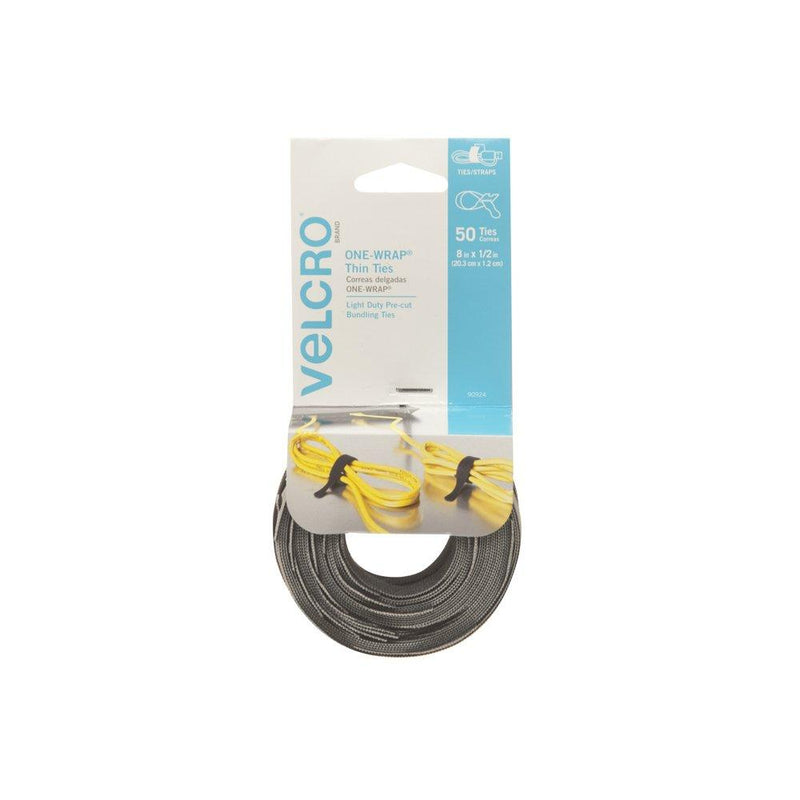 VELCRO Brand ONE WRAP Thin Ties | Strong & Reusable | Perfect for Fastening Wires & Organizing Cords | Black & Gray, 8 x 1/2-Inch | 25 Black + 25 Gray Ties Black/Gray 8 x 1/2In - 50 Ties