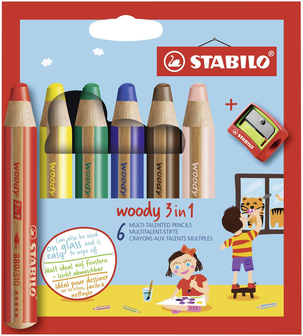 Stabilo Woody Coloring Pencils with Sharpener , Multicolored 6-Color Set