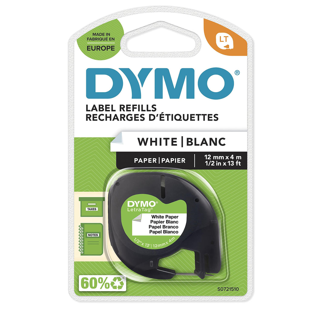 Dymo LetraTag Paper Label Tape, 12 mm x 4 m Roll, White