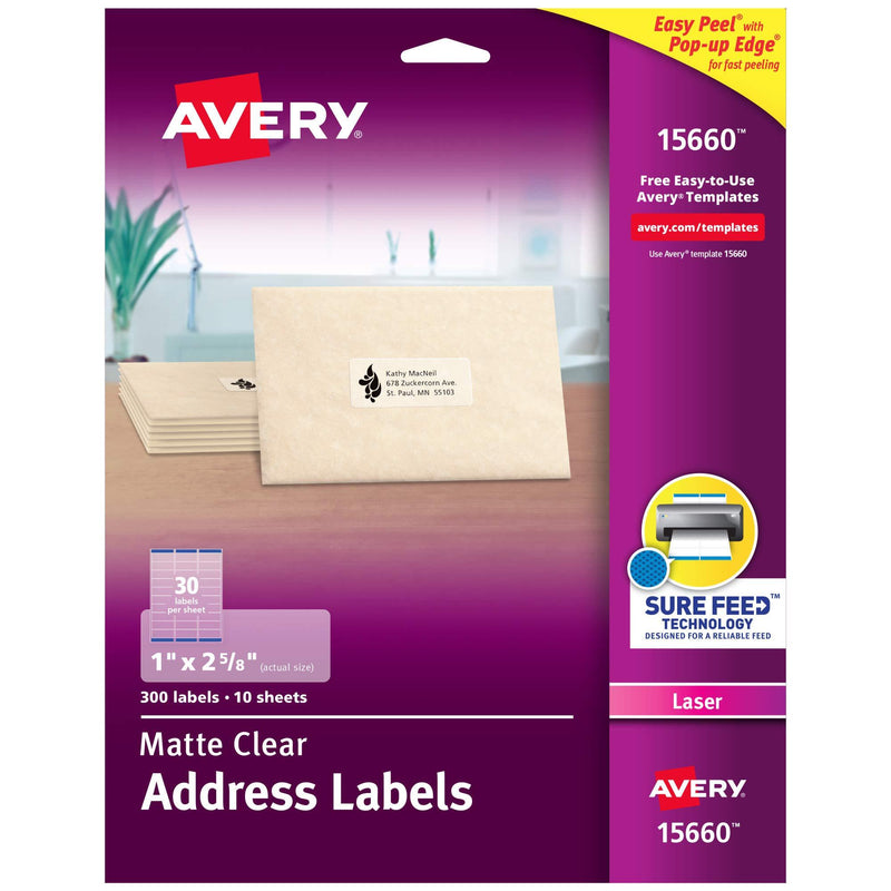 Avery Clear Address Labels for Laser Printers with Sure Feed, 1" x 2-5/8", 300 Frosted Holiday Labels (15660) 300 Labels