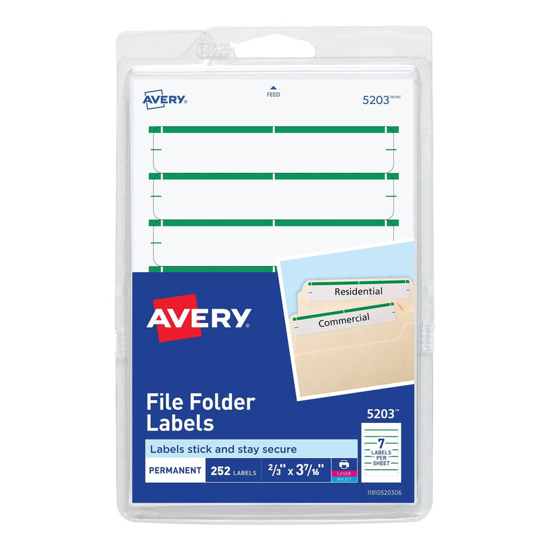 Avery 5203 Print or Write File Folder Labels for Laser and Inkjet Printers, 2/3"x3 7/16"Green (Pack of 252)