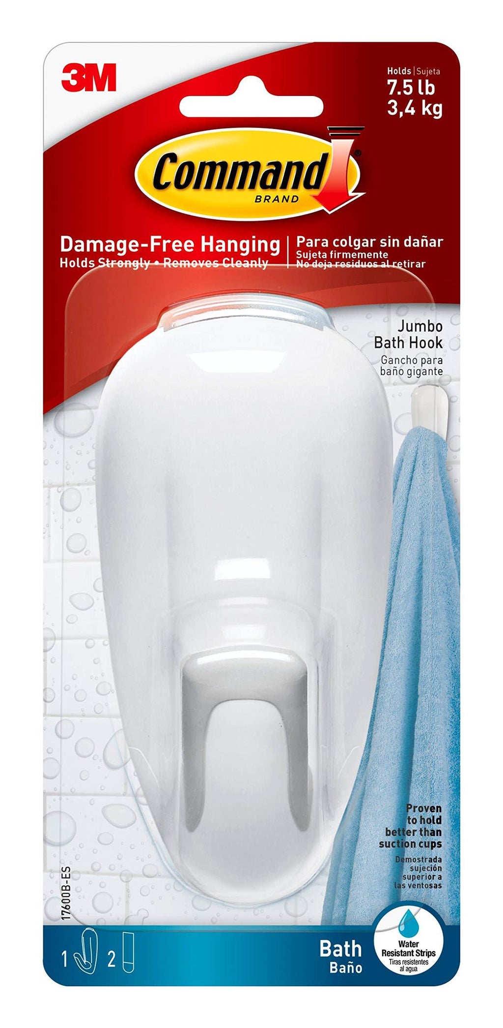 Command Bathroom Hook with Water-Resistant Strips, 1-Hook, 2-Strips, Organize Damage-Free Jumbo Towel Hook