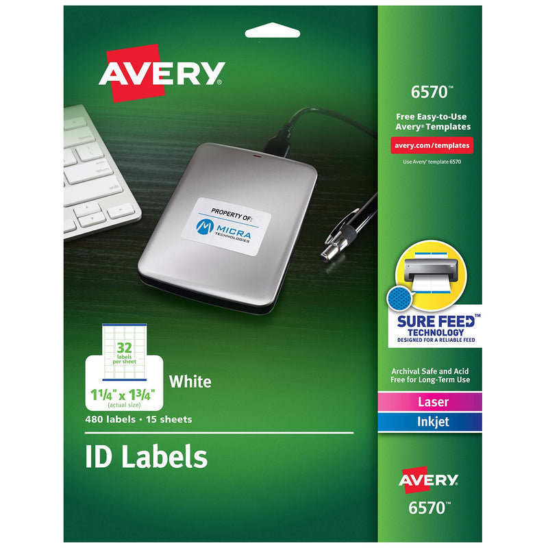 Avery 06570 Permanent ID Labels for Laser and Inkjet Printers, 1.25 x 1.75 Inch, White, 480 Labels (6570) 1 Pack