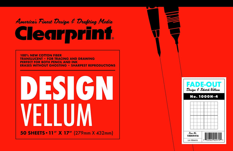 Clearprint Vellum Pad with 4x4 Fade-Out Grid, 11x17 Inches, 16 LB, 60 GSM, 1000H 100% Cotton, 50 Translucent White Sheets, 1 Each (10004416)