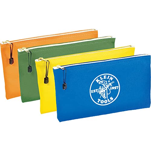 Klein Tools 5140 Canvas Zipper Bag, Tool Pouch, Tool Bag, Utility Bag, Bank Deposit Bag, 12.5 x 7-Inch, Olive/Orange/Blue/Yellow 4-Pack Olive, Orange, Blue, Yellow