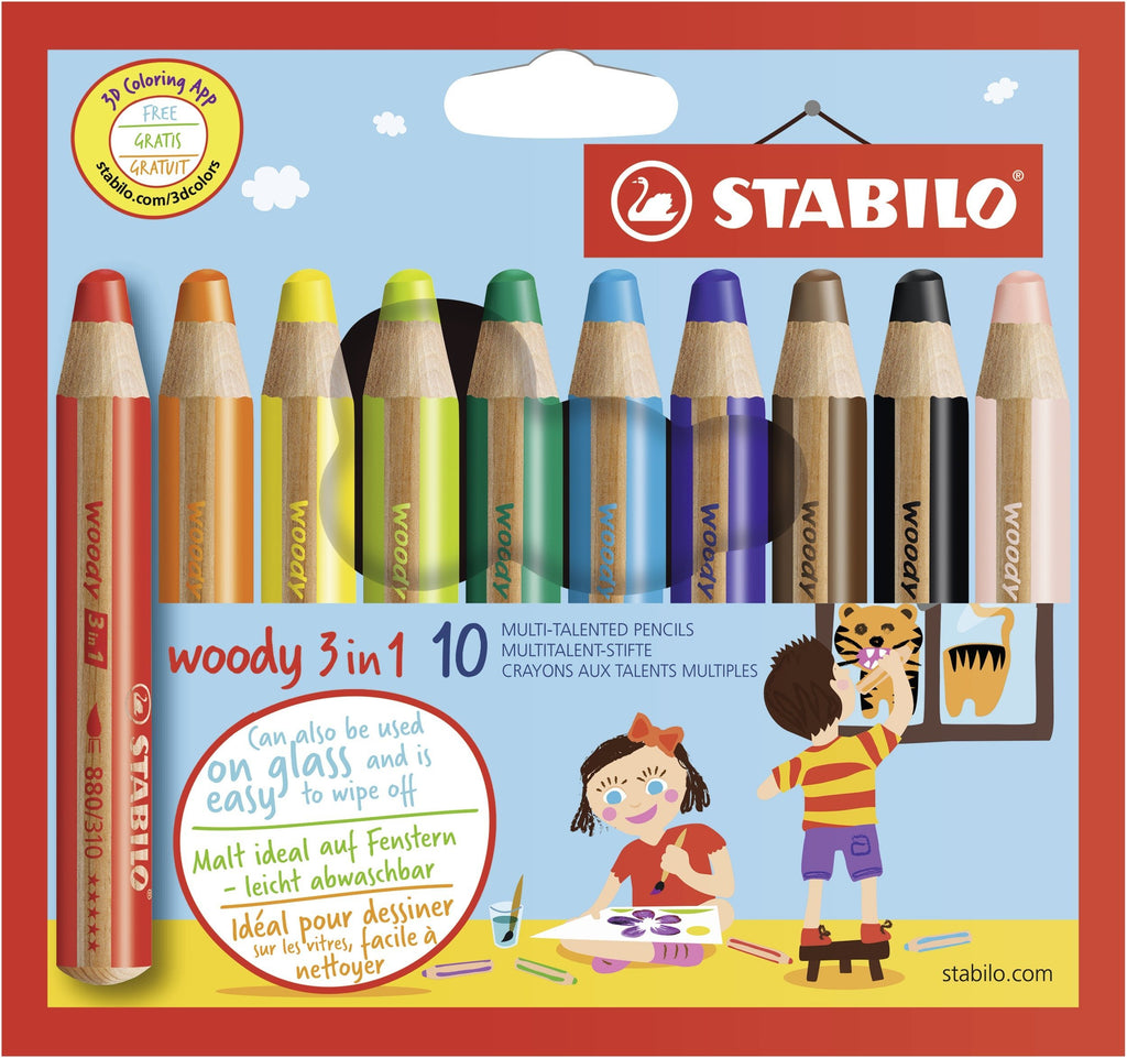 STABILO 880/10 Woody 3-in-1 Multi-Talented Pencil - Assorted Colours, Wallet of 10 Pack of 10 Pencil without Sharpener