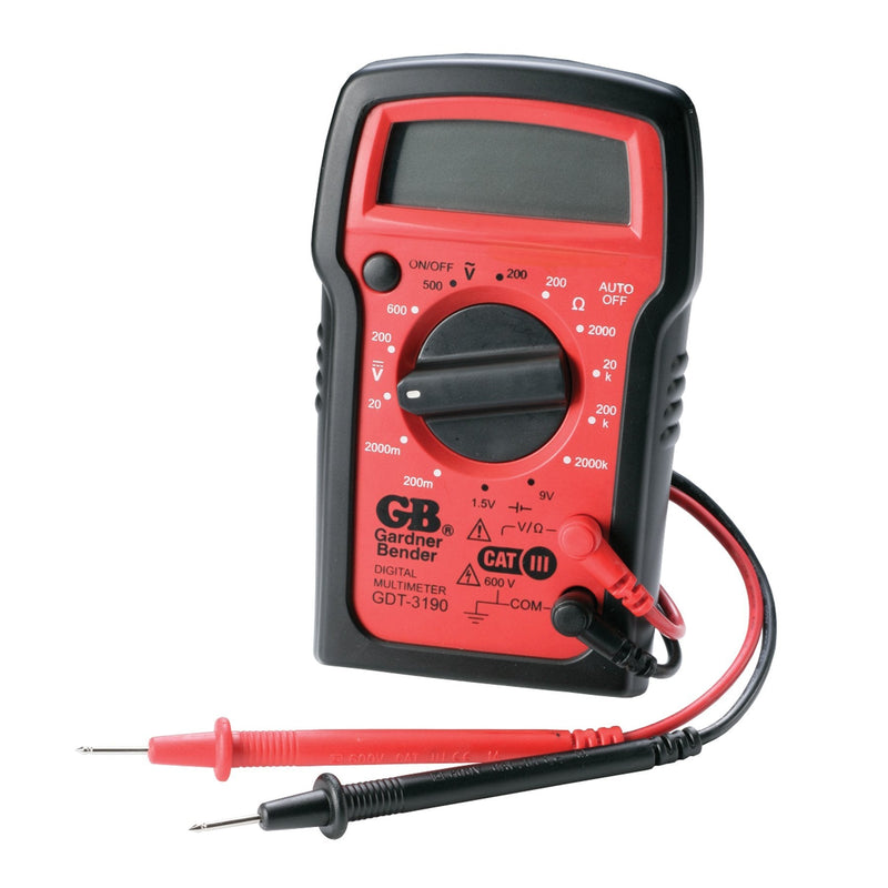 Gardner Bender GDT-3190 Digital Multimeter, 4 Function, 14 Range, Tests AC/DC Voltage, Resistance, and Battery, Manual Ranging, Auto-Off, 1/Each Red with Black Rubber Boot Manual 4 Function / 14 Range