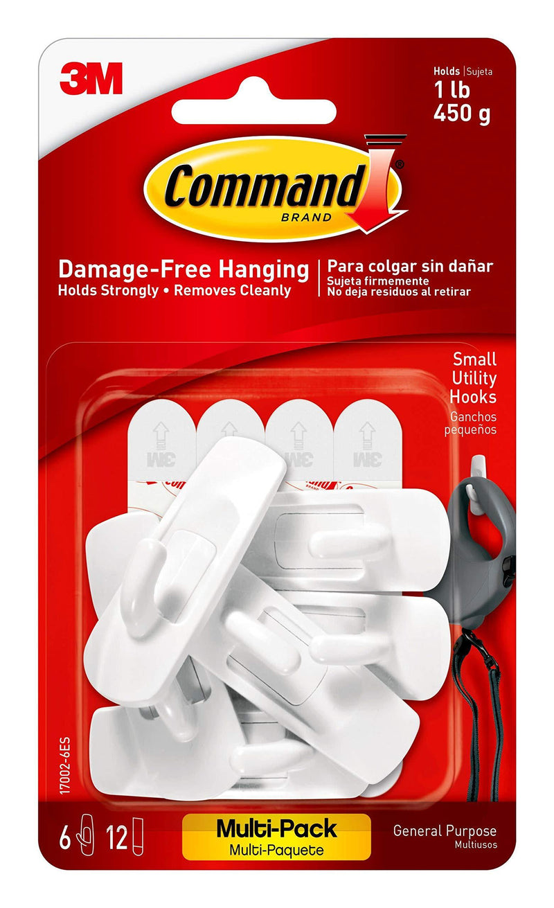 Command Small Utility Hooks, White, 6-Hooks, Organize Damage-Free 6 Hooks