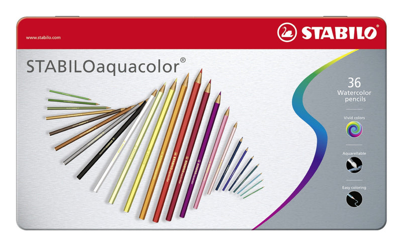 STABILOaquacolor Metal Box of 36 Colours - Aquarellable Coloured Pencil pack of 36