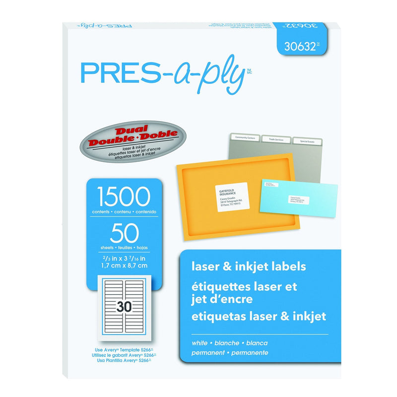 Pres-a-ply File Folder Laser Label, 0.66 x 3.43 Inches, White, Box of 1500 (30632)