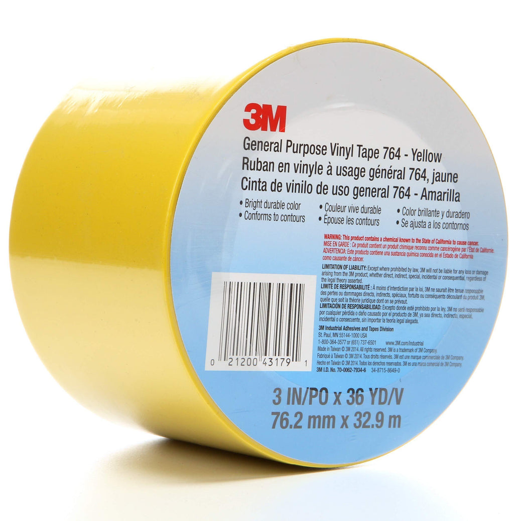 3M Vinyl Tape 764, General Purpose, 3 in x 36 yd, Yellow, 1 Roll, Light Traffic Floor Marking Tape, Social Distancing, Color Coding, Safety, Bundling