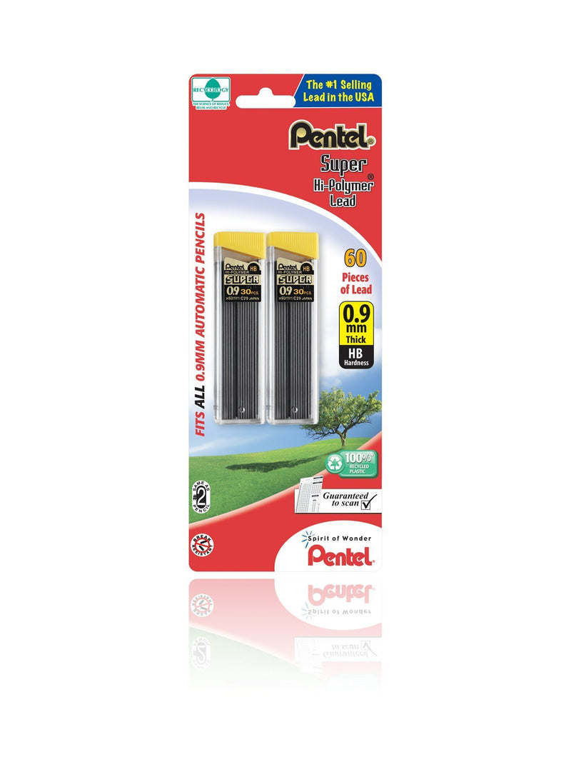 Pentel Super Hi-Polymer Lead Refill , 0.9 mm Thick, HB, 60 Pieces of Lead (C29BPHB2) , Gray