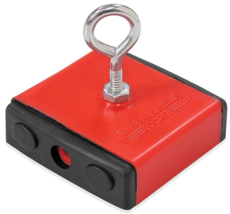 Master Magnetics 07504 Retrieving and Holding Magnet, Durable Plastic, 40 lb, 2.375" Length, 2.375" Width, 0.75" Height with Eyebolt, Nuts and Magnetic Shields, Red/Black