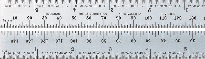 Starrett C636ME-150 Spring Tempered Steel Rule With Millimeter And Inch Graduations, 150mm Length, 19mm Width, 1.2mm Thickness
