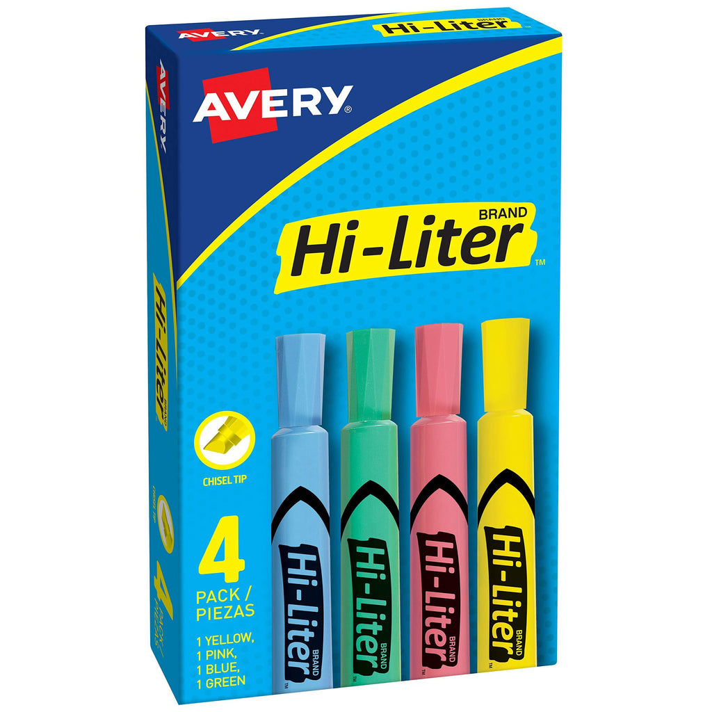 Avery Hi-Liter Desk-Style Highlighters, Smear Safe Ink, Chisel Tip, 4 Assorted Color Highlighters (17752)