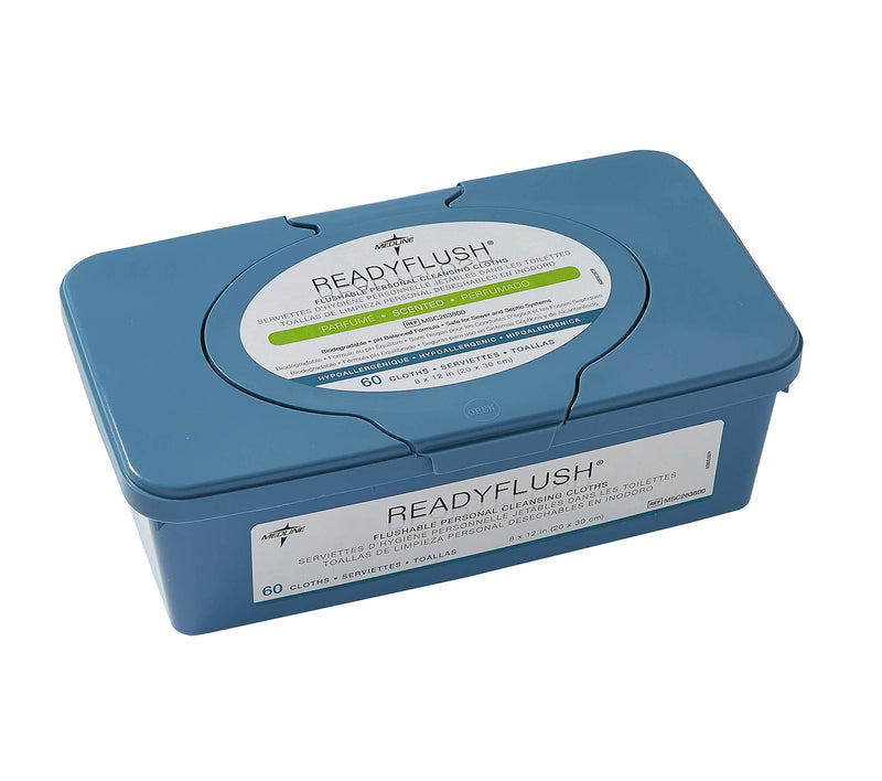 Medline ReadyFlush Large Adult-Sized 8x12 Personal Cleansing Cloths - Tub of 60 Flushable Wipes Standard