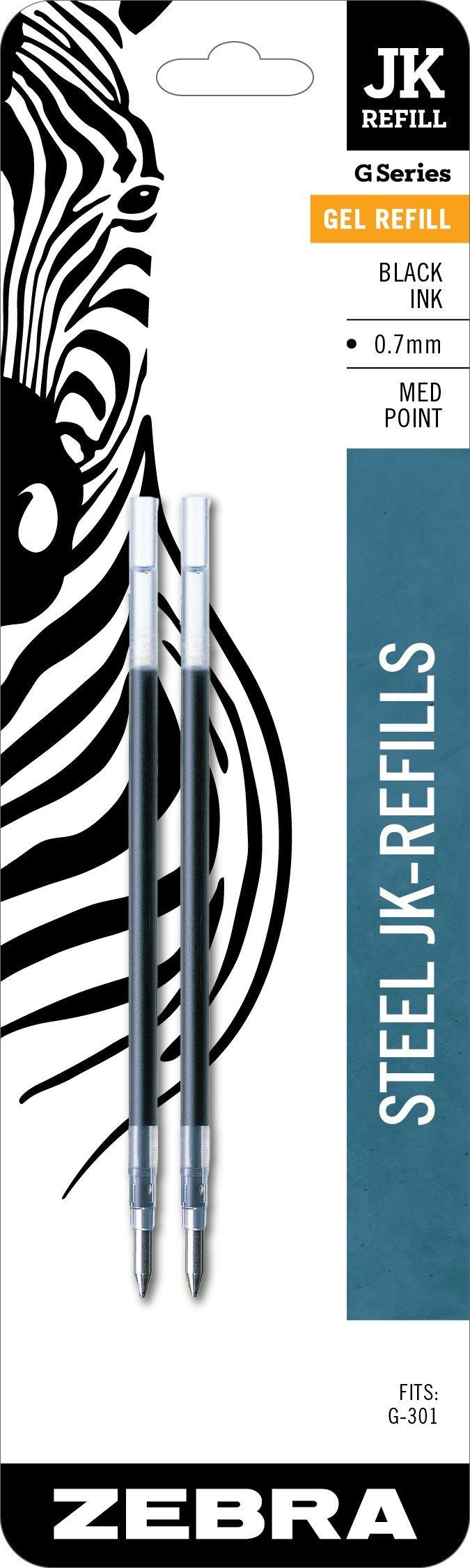 Zebra G-301 Stainless Steel Pen JK-Refill, Medium Point, 0.7mm, Black Ink, 2-Count