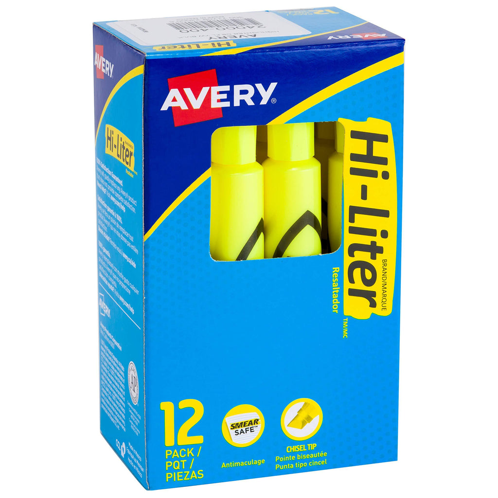 Avery Hi-Liter Desk-Style Highlighters, Smear Safe Ink, Chisel Tip, 12 Fluorescent Yellow Highlighters (24000) 12 Highlighters