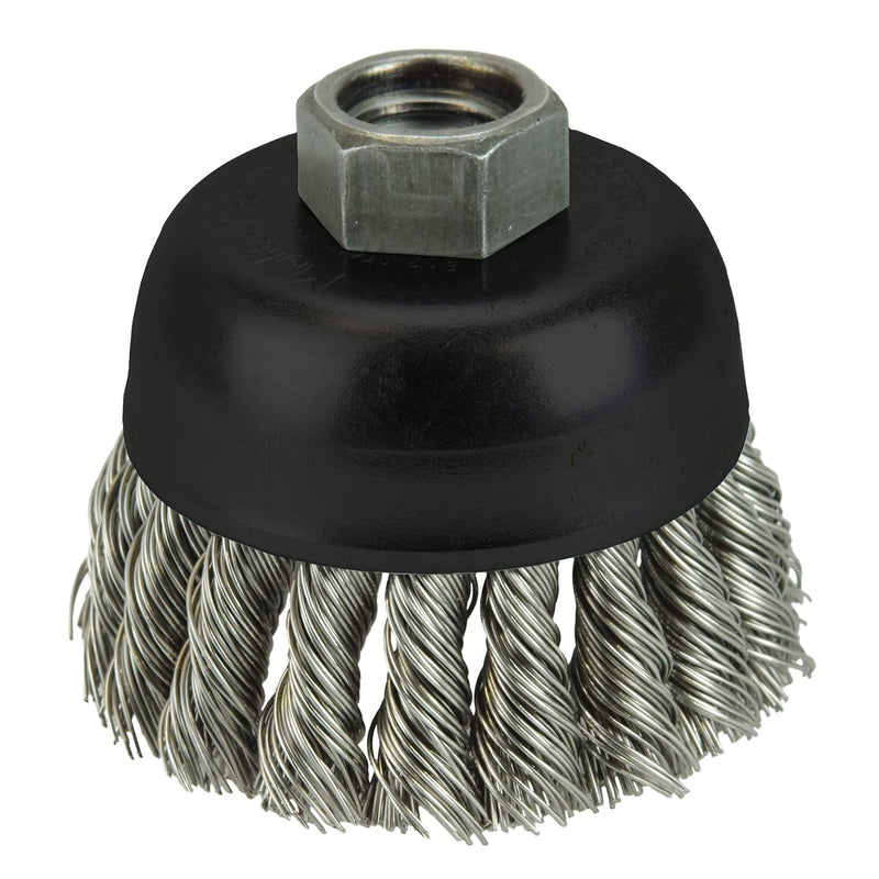 Weiler 13258 2-3/4" Single Row Knot Wire Cup Brush, .020" Stainless Steel Fill, 5/8"-11 UNC Nut, Made in the USA 2-3/4" Dia .020" Wire Size x 1" Trim Length