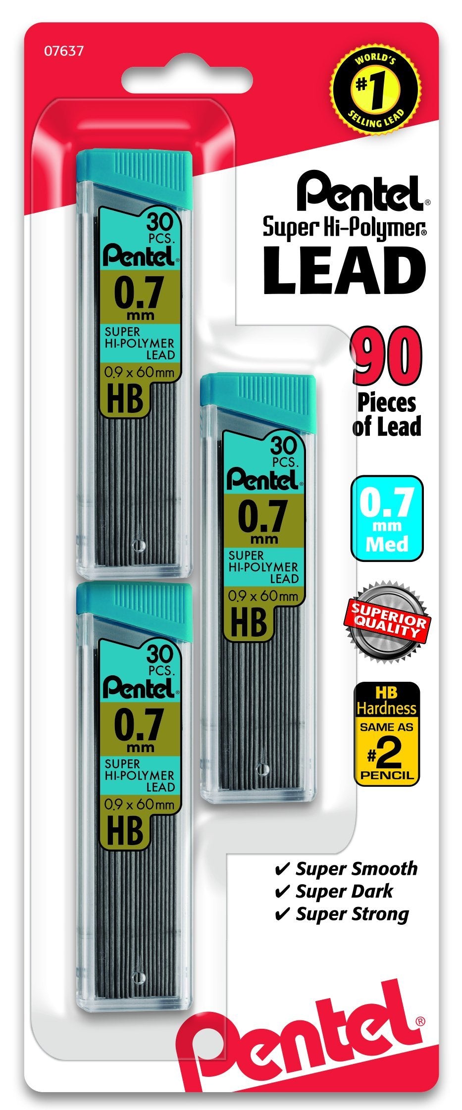 Pentel C27BPHB3K6 Super Hi-Polymer Lead Refills, 0.7mm, HB, Black, 30 per Tube (Pack of 3 Tubes) 90 0.7 mm