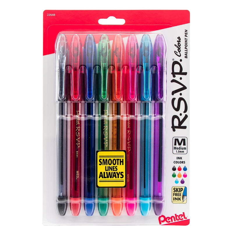 Pentel R.S.V.P. Ballpoint Pen, Medium Point, Assorted Ink Colors, 8 Pack (BK91CRBP8M)