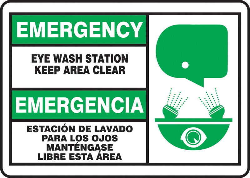 Accuform SBMFSD928MVP Plastic Spanish Bilingual Sign, "EMERGENCY EYE WASH STATION KEEP AREA CLEAR/EMERGENCIA ESTACION DE LAVADO PARA LOS OJOS MANTENGASE LIBRE ESTA AREA" with Graphic, 7" Length x 10" Width x 0.055" Thickness, Green/Black on White