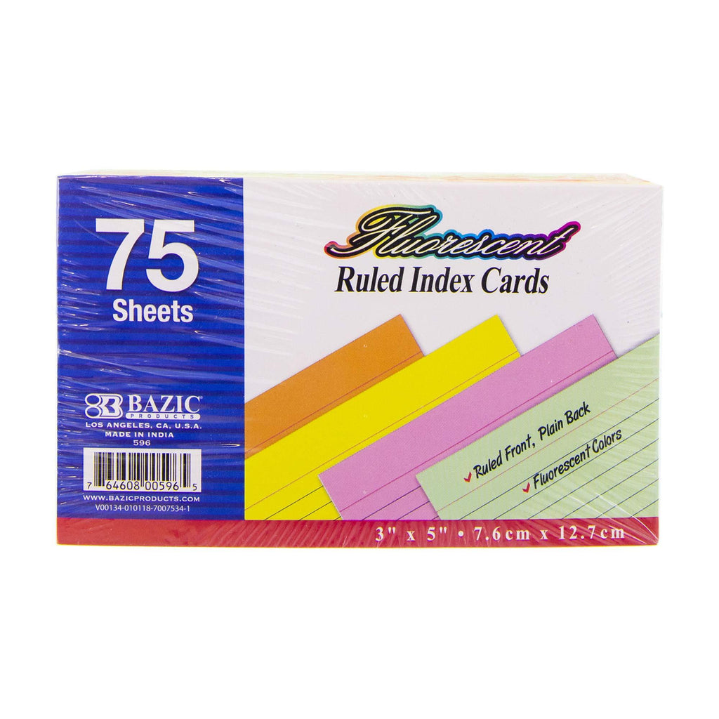 BAZIC 75 Count 3" X 5" Ruled Fluorescent Colored Index Card (596) Assorted 3 X 5