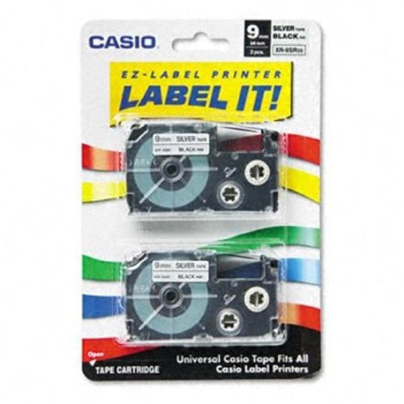 Casio XR-9SR2S, 1/4"(9mm) Labelling Tape, Black on Silver, Pack of 2 (XR9SR2S)