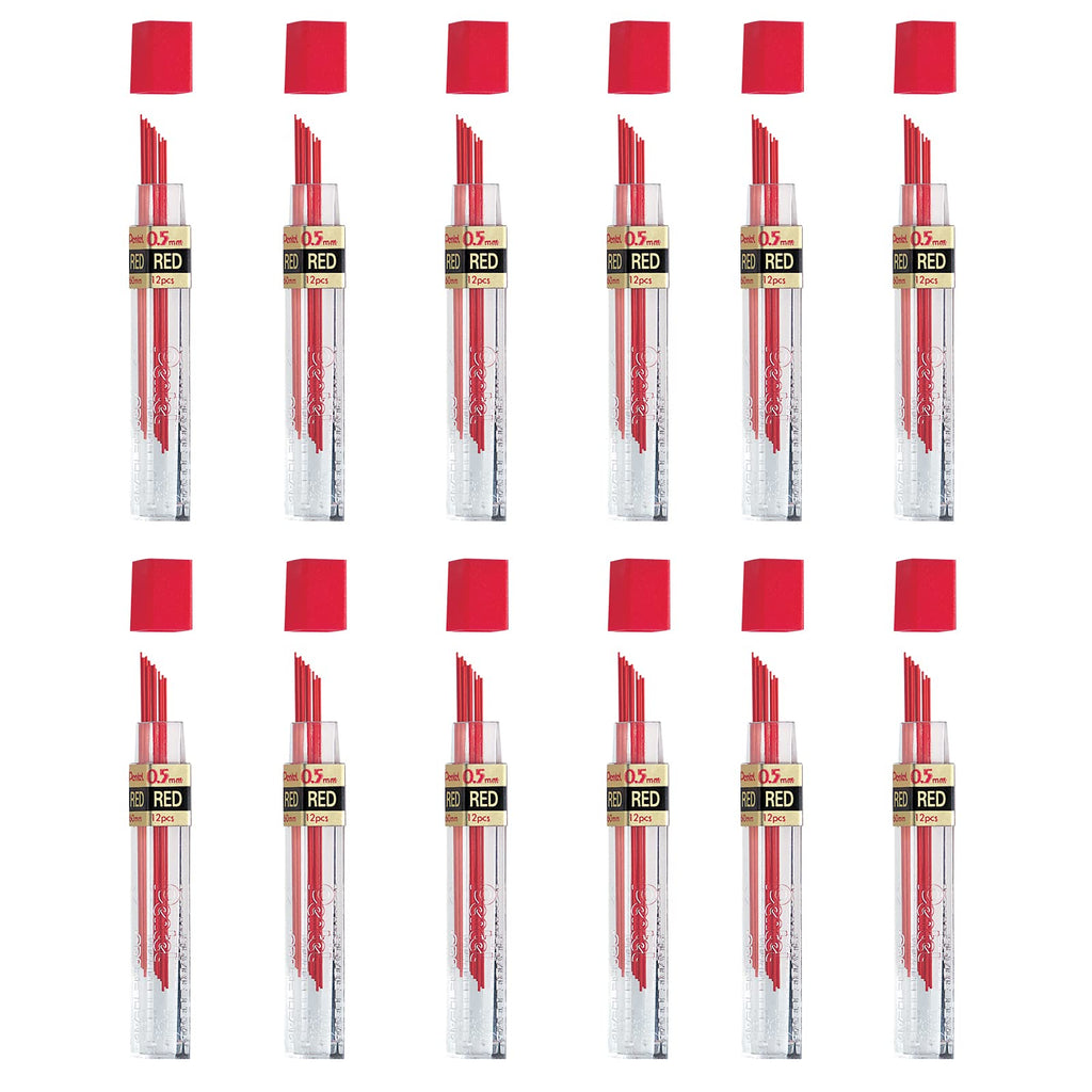 Pentel Lead 0.5mm, Red, 12 Leads Per Tube, Box of 12 Tubes (PPR-5) 12 pack