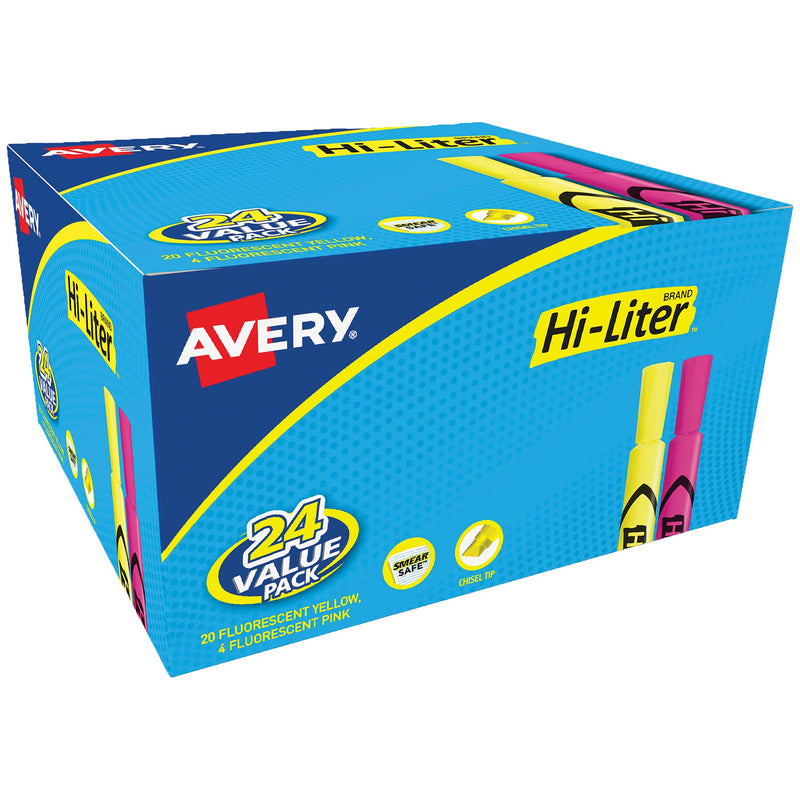 AVERY Hi-Liter Desk-Style Highlighters, Smear Safe Ink, Chisel Tip, 24 Assorted Color Highlighters (98189) 24 Highlighters