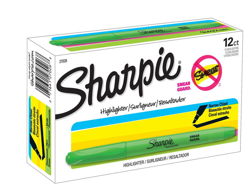 Sharpie Pocket Style Highlighters, Chisel Tip, Fluorescent Green, Box of 12