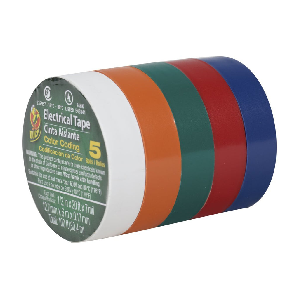 Duck Brand 299020 Colored Electrical Tape, 1/2-Inch by 20 Feet, 5-Pack of Rolls, Multi-Color 5 Pack