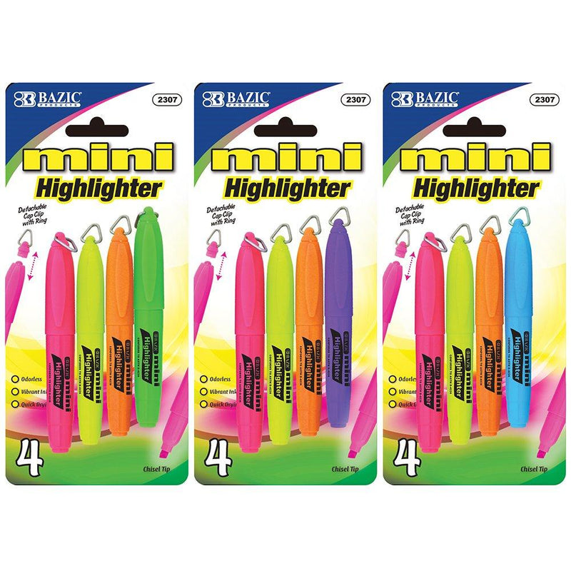 BAZIC Mini Fluorescent Highlighter w/ Cap Clip (4/Pack)