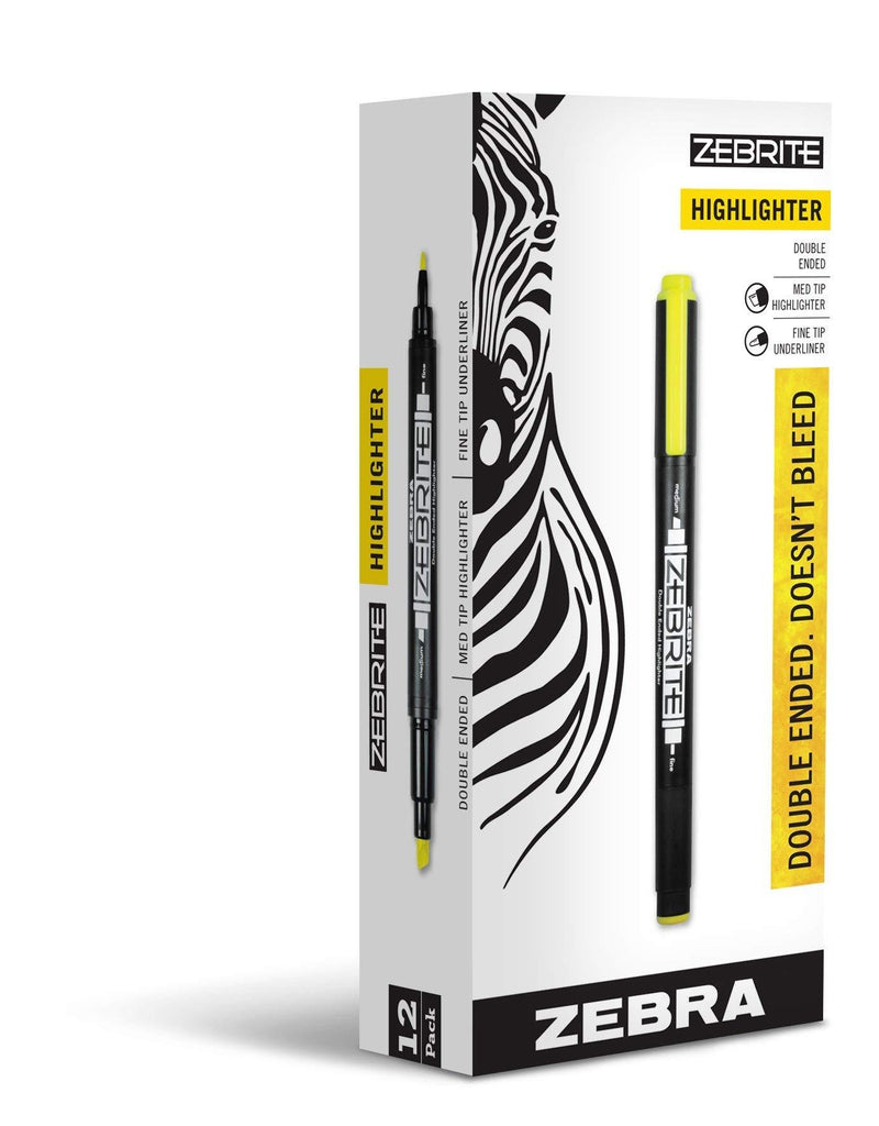 Zebra Zebrite Double-Ended Highlighter, Chisel and Fine Point, Yellow, 12 Pack