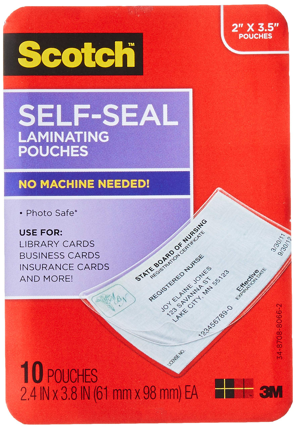 Scotch Self-Sealing Laminating Pouches, Business Card Size, 2 Inches x 3.5 Inches, 10 Pouches (LS851-10G)