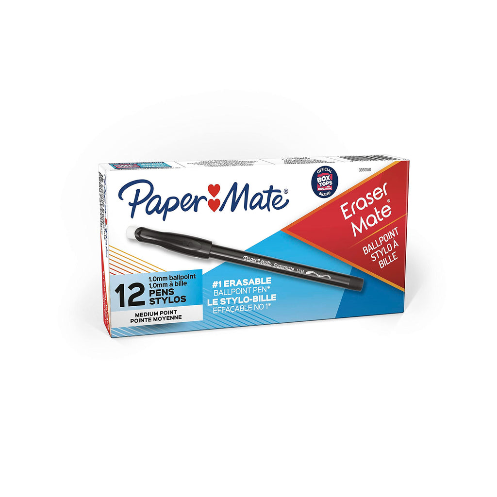 Paper Mate Erasermate Stick Medium Tip Ballpoint Pens, 12 Black Ink Pens 12 Count