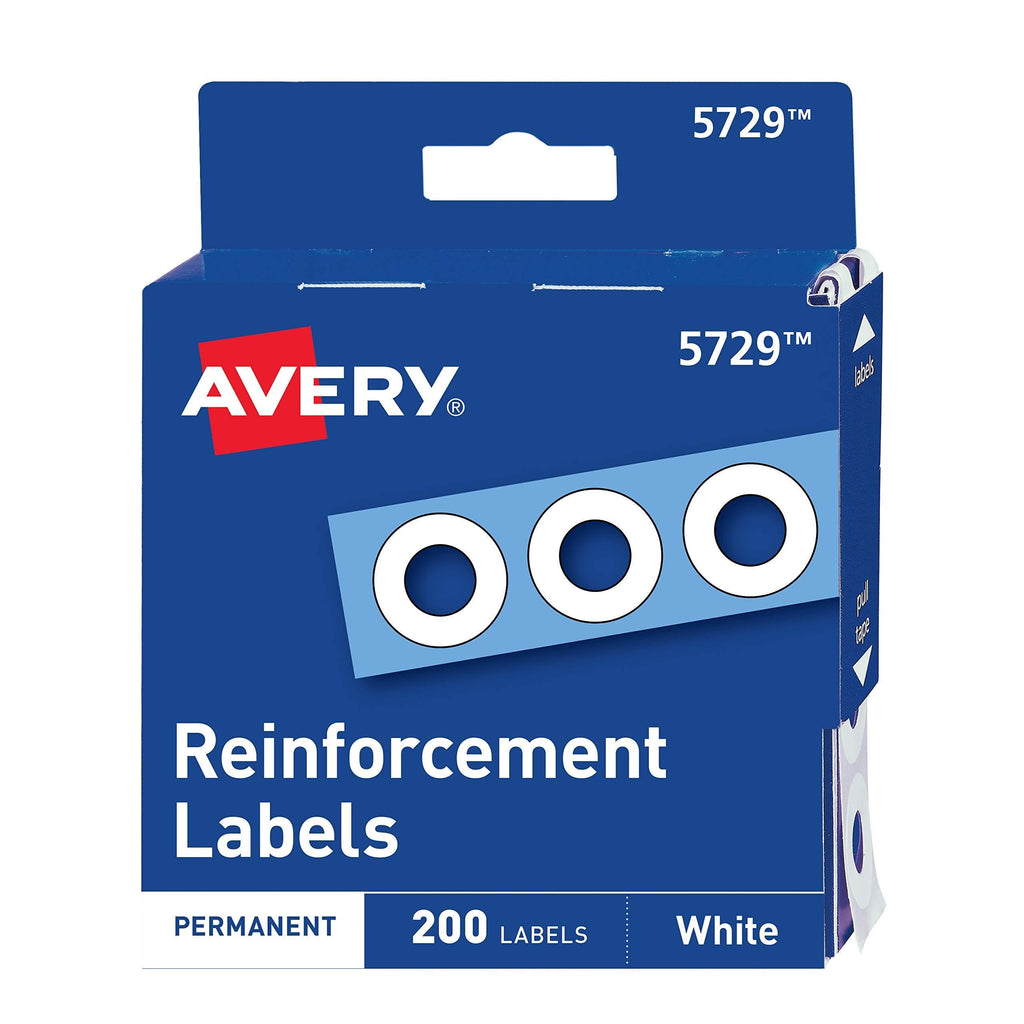 Avery 05729 Dispenser Pack Hole Reinforcements, 1/4" Dia, White (Pack of 200) 200 Labels