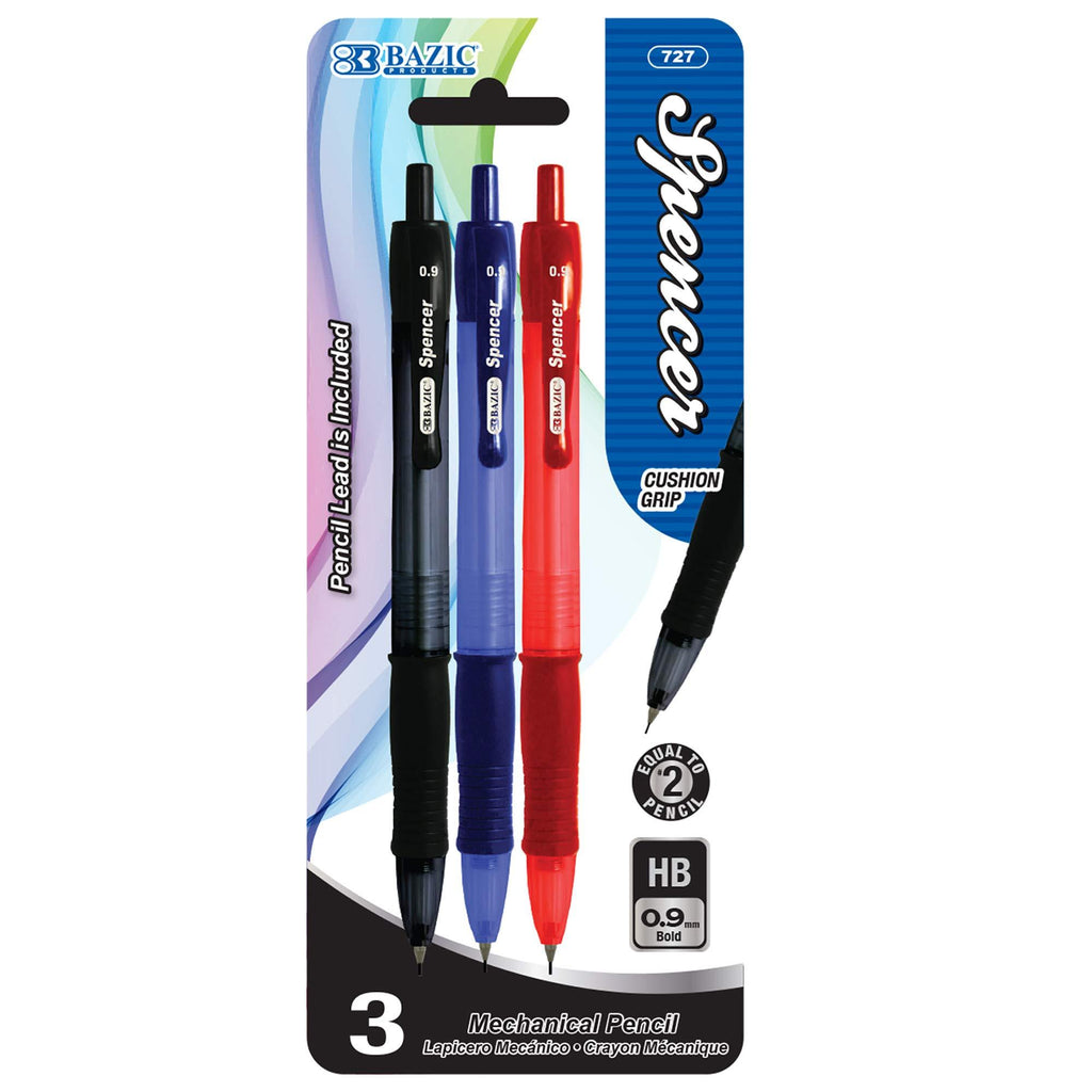 BAZIC Spencer 0.9mm Mechanical Pencil, Assorted Color Barrels, Comfort Cushion Grip, Smooth Write Pencils for Drawing Sketching, for School Office (3/Pack), 1-Pack